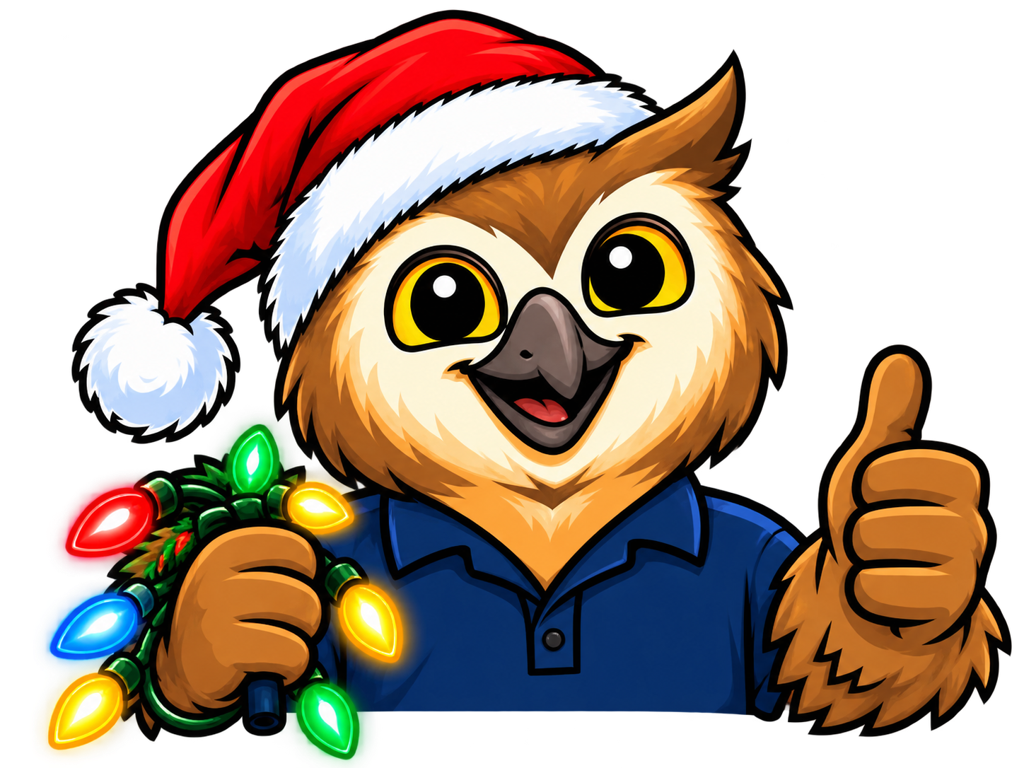 Christmas Wise owl in a Santa hat holding colorful lights and giving a thumbs up